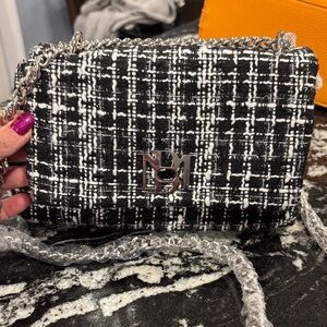 Badgley Mischka Black and White Tweed Crossbody Bag